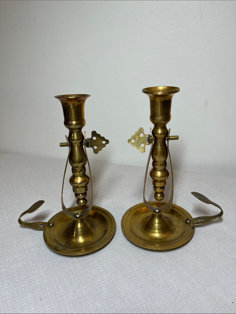 Vintage brass nautical gimbal candlestick holders - swivel & keep candle upright